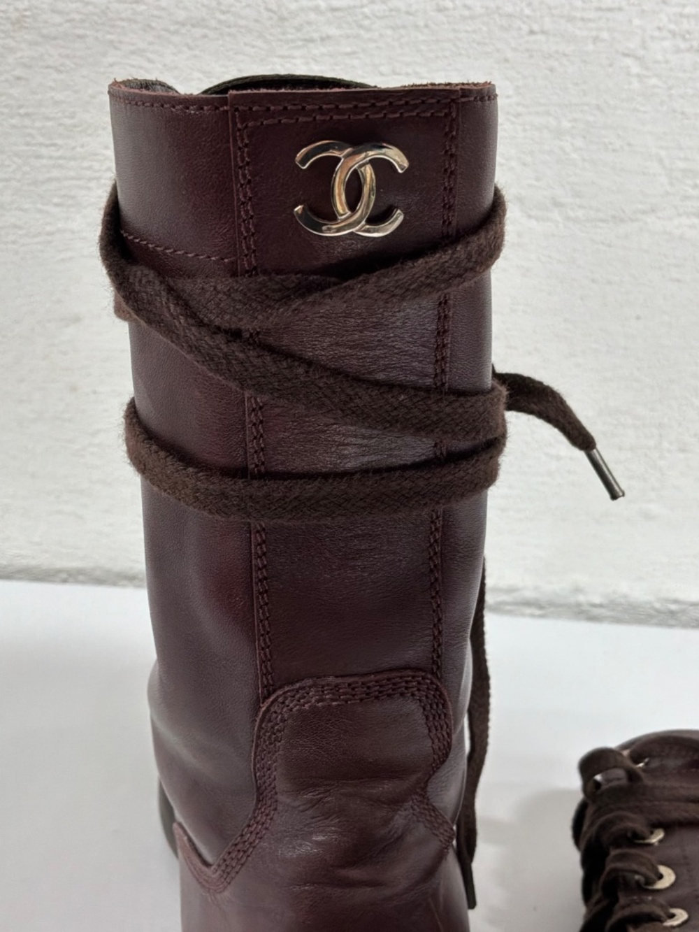 Vintage 90's CHANEL CC Logo COMBAT Biker Moto Brown Lace Up Leather Boots  37.5 - Picture 5 of 16